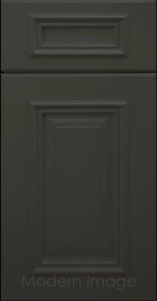 Hamilton cabinet door in Iron Ore color with double raised panel and mitered elevated molding.